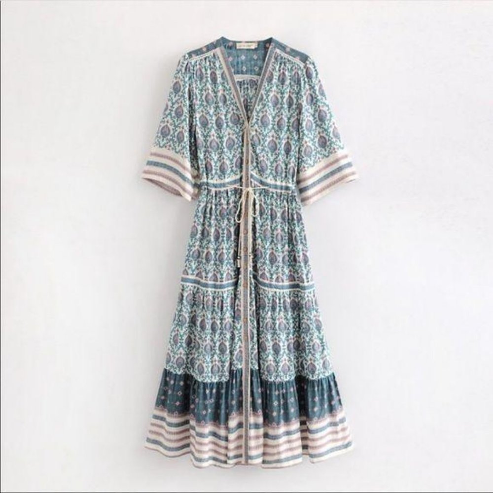Bohemian Gypsy Print Kimono Maxi Dress Blue Cream - Picture 4 of 14